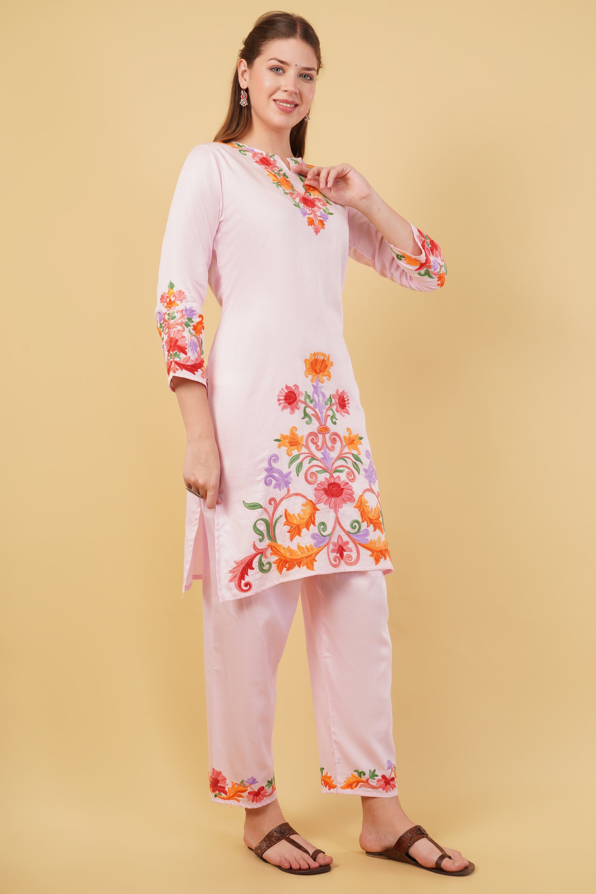 Kashmiri Aari embroidery Jaam Cotton Co-ord set Size-42(Pink)