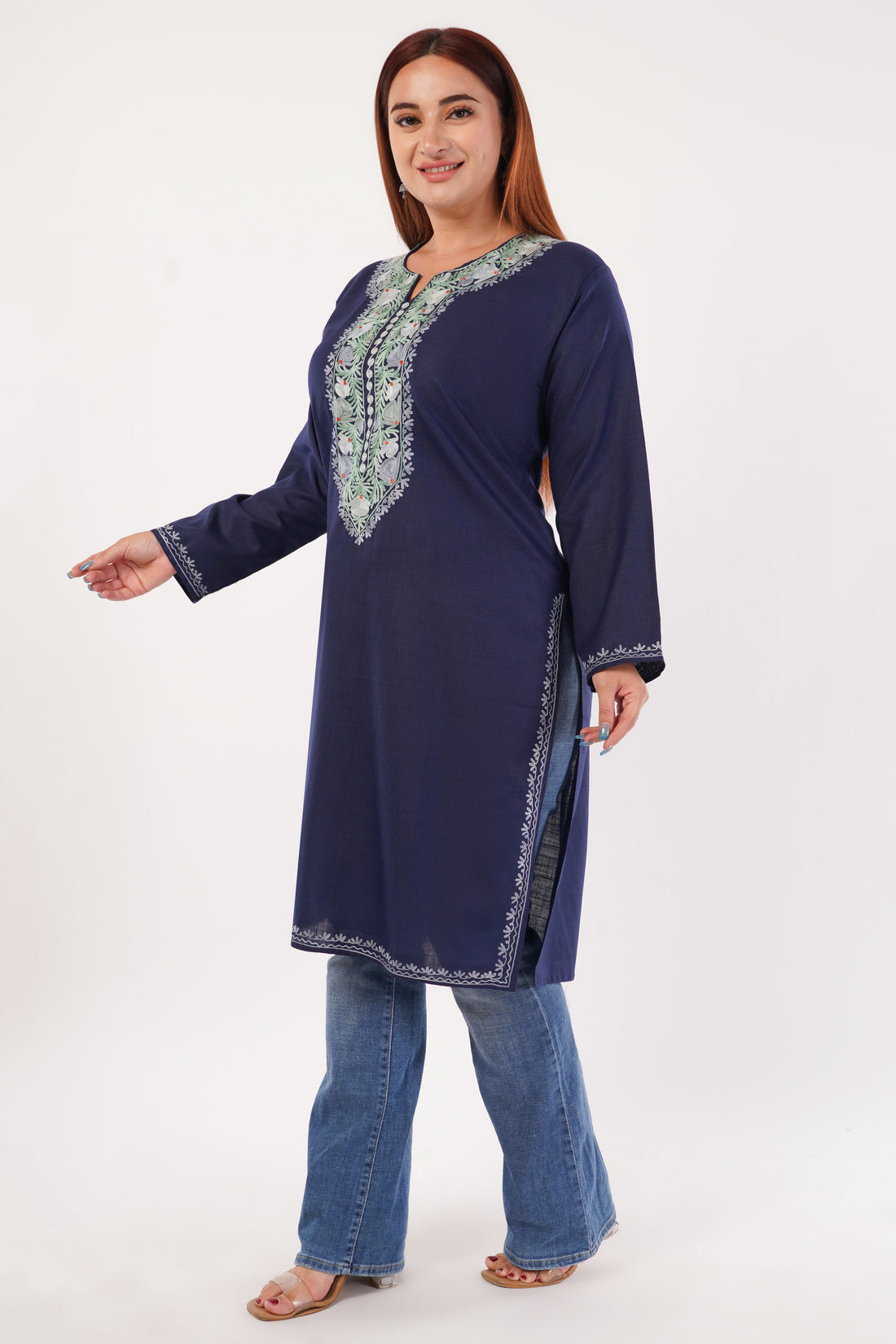 Kashmiri Aari embroidery Cotton Long Kurti Size-44(Navy Blue)