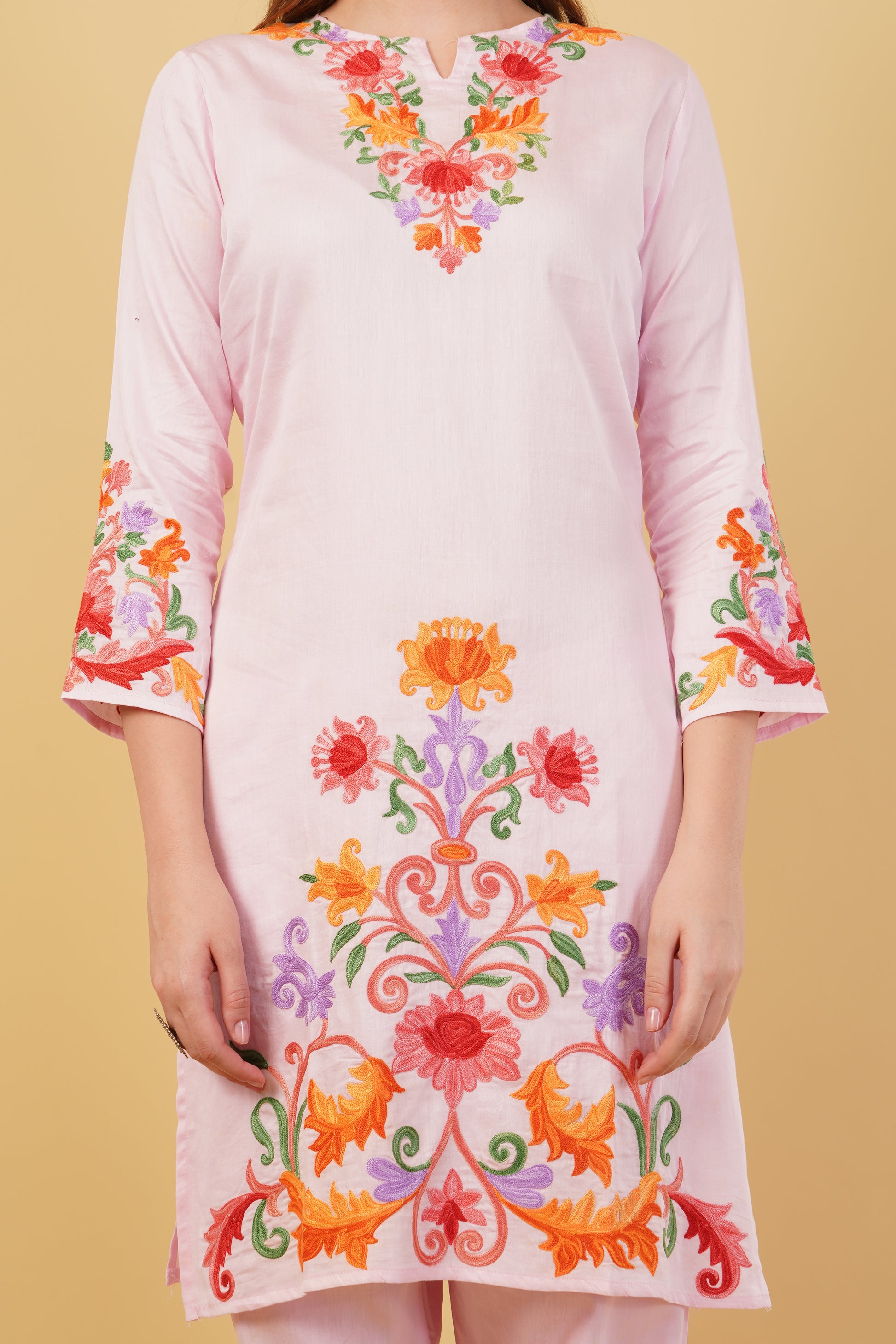 Kashmiri Aari embroidery Jaam Cotton Co-ord set Size-42(Pink)