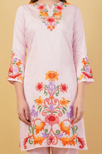 Kashmiri Aari embroidery Jaam Cotton Co-ord set Size-42(Pink)