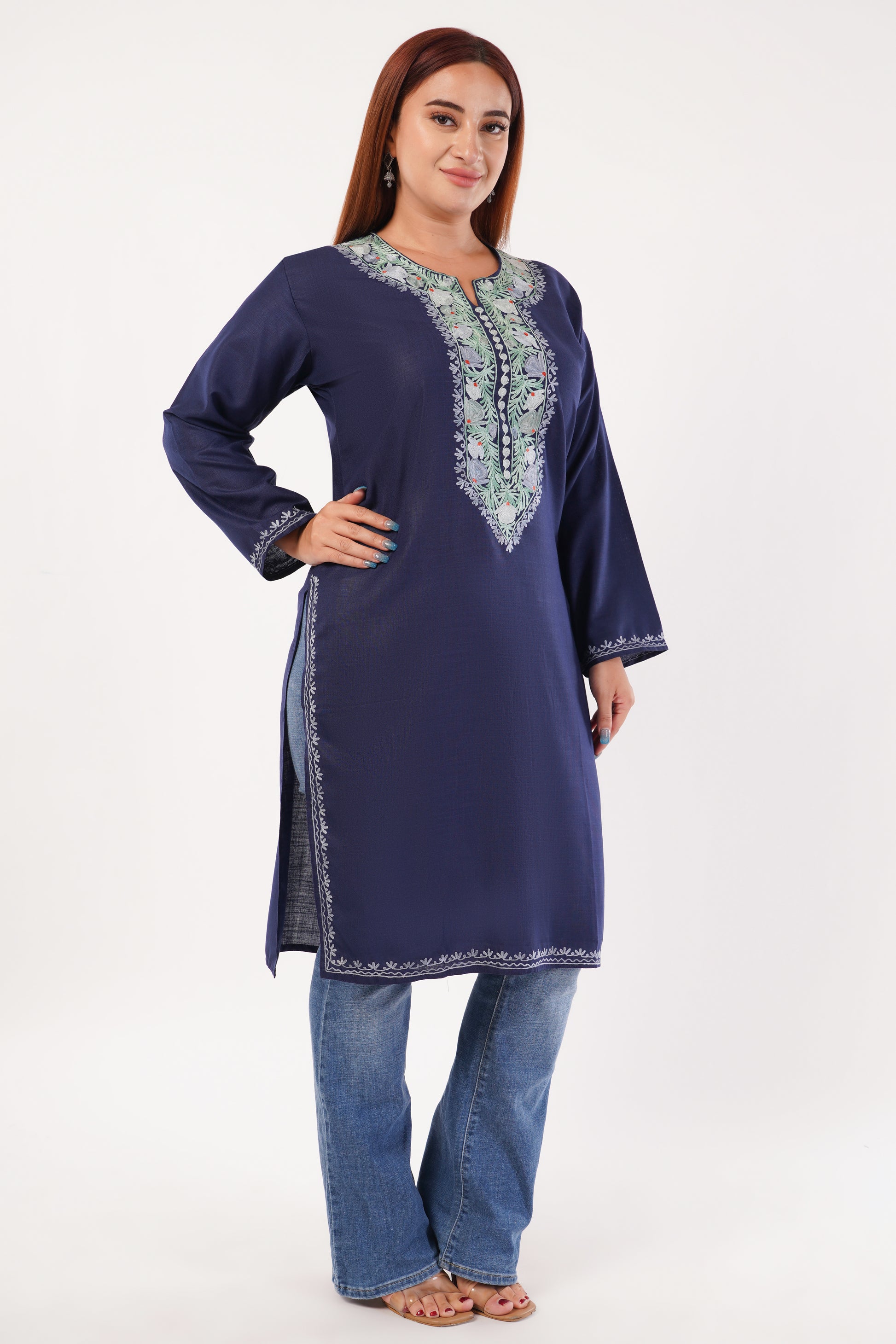 Kashmiri Aari embroidery Cotton Long Kurti Size-44(Navy Blue)