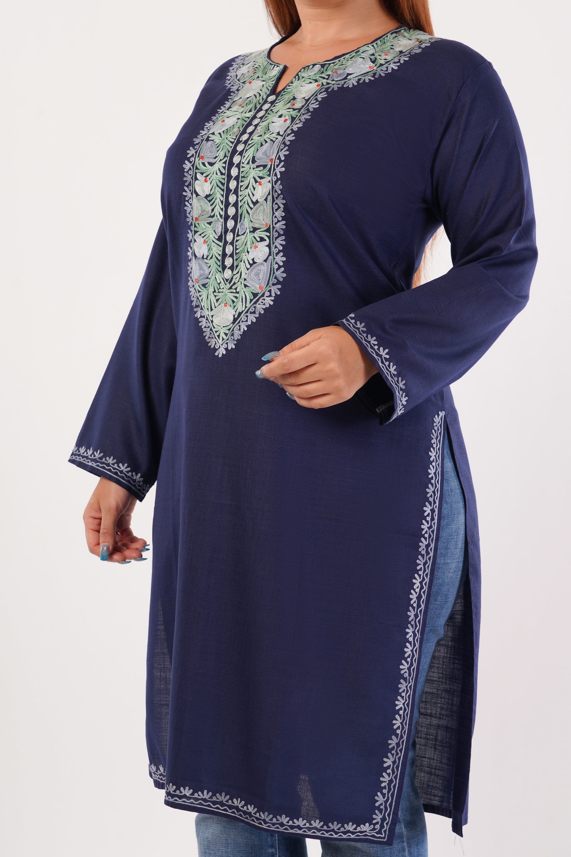 Kashmiri Aari embroidery Cotton Long Kurti Size-44(Navy Blue)