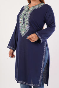 Kashmiri Aari embroidery Cotton Long Kurti Size-44(Navy Blue)