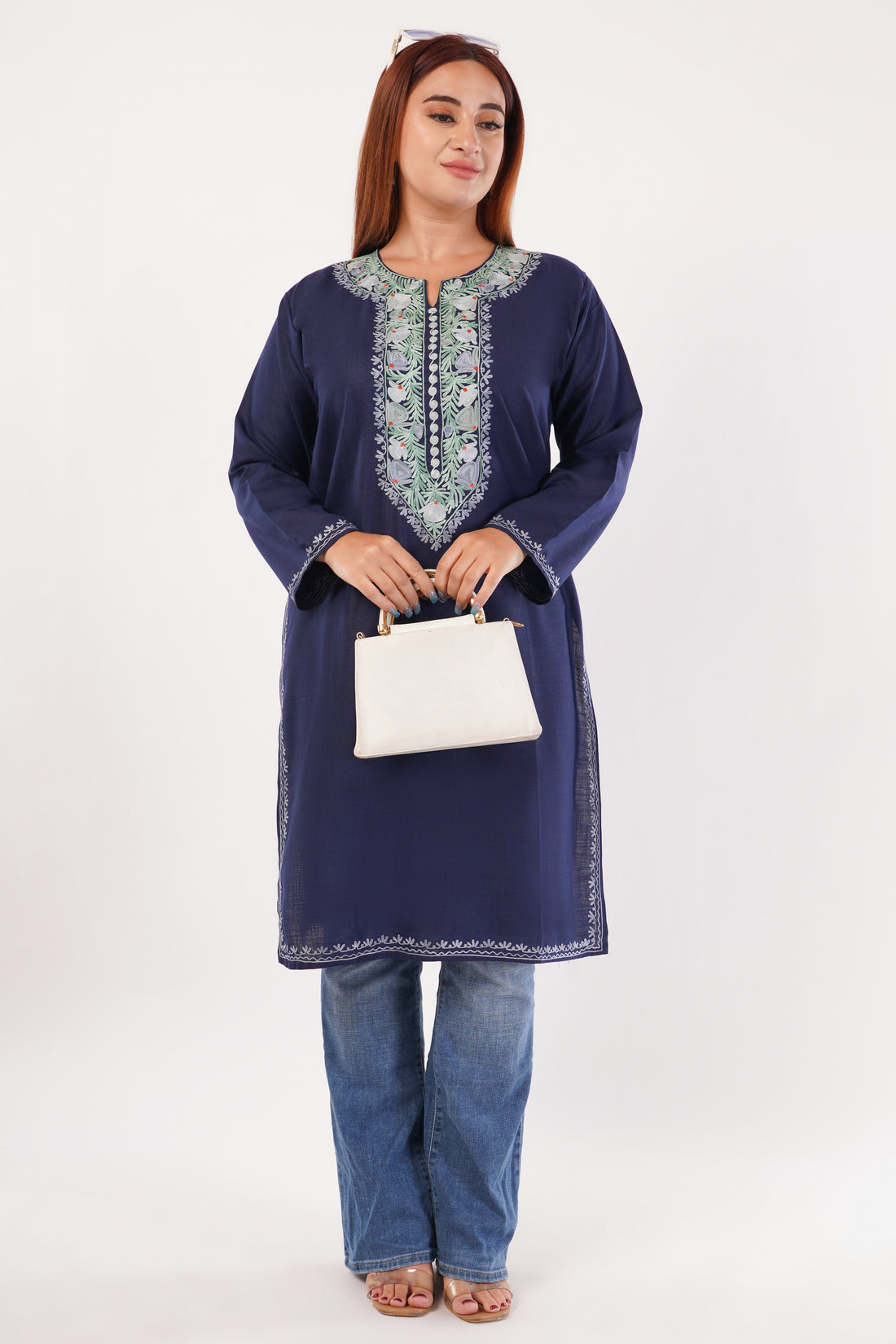 Kashmiri Aari embroidery Cotton Long Kurti Size-44(Navy Blue)
