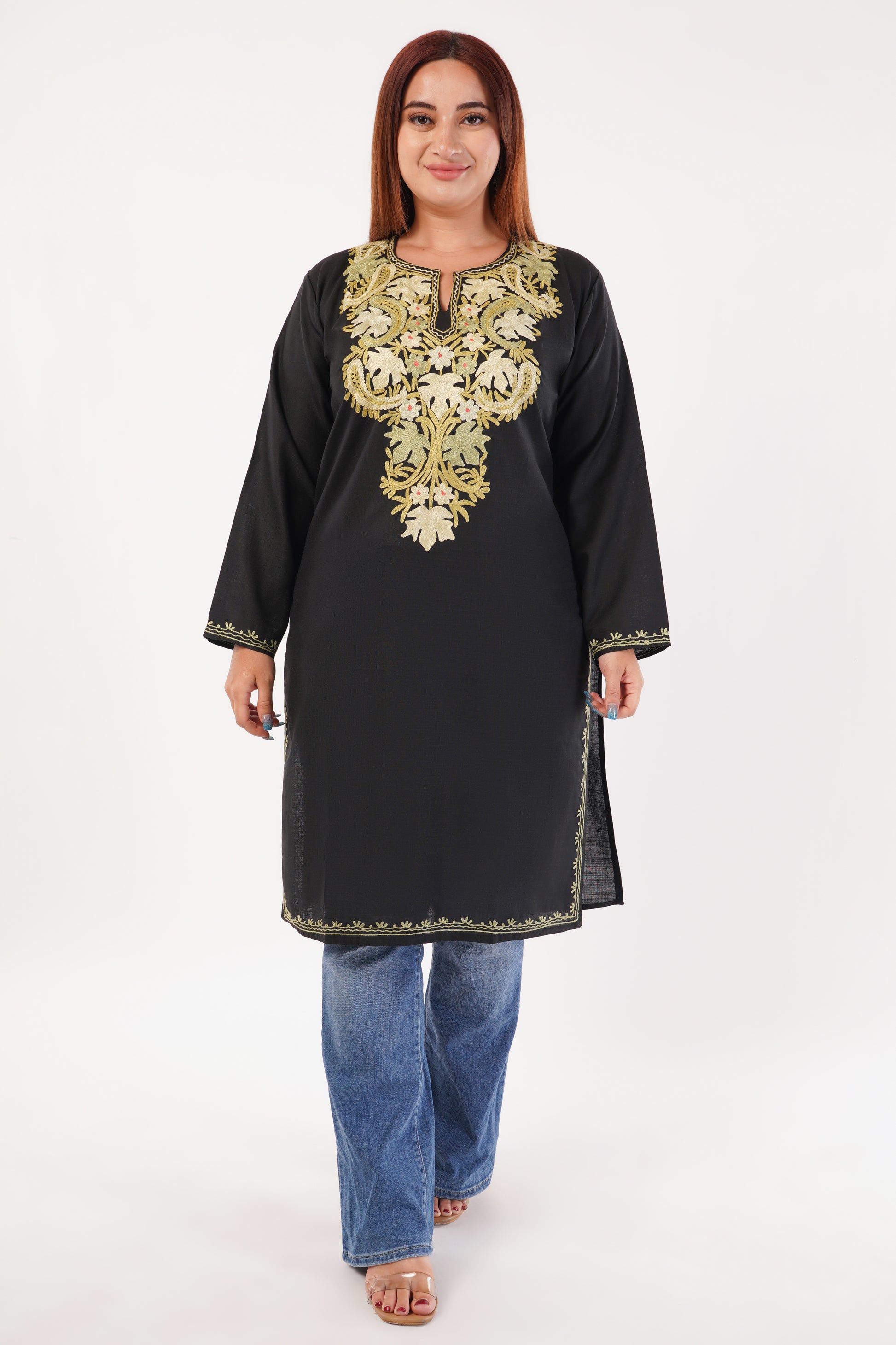 Kashmiri Aari embroidery Cotton Long Kurti Size-44(Black)