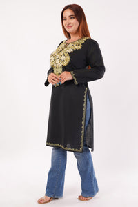 Kashmiri Aari embroidery Cotton Long Kurti Size-44(Black)