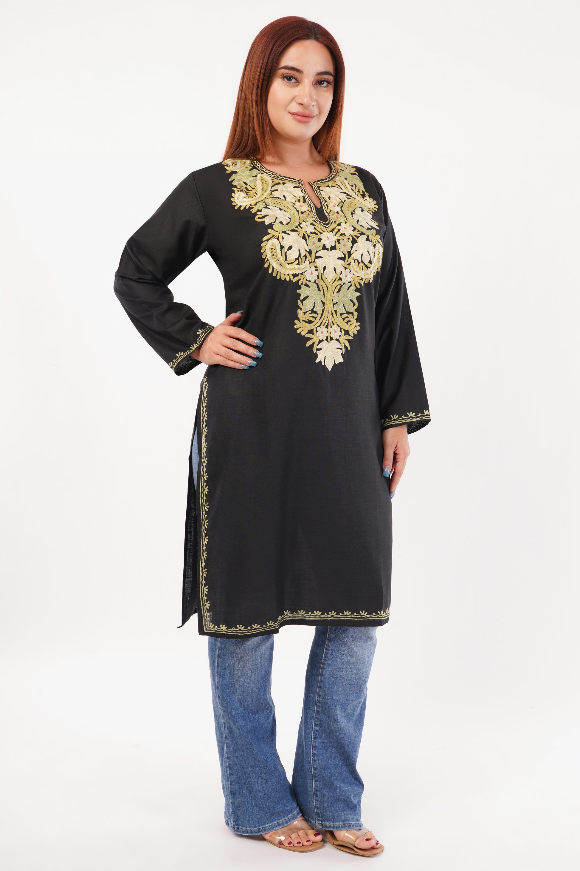Kashmiri Aari embroidery Cotton Long Kurti Size-44(Black)