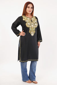 Kashmiri Aari embroidery Cotton Long Kurti Size-44(Black)
