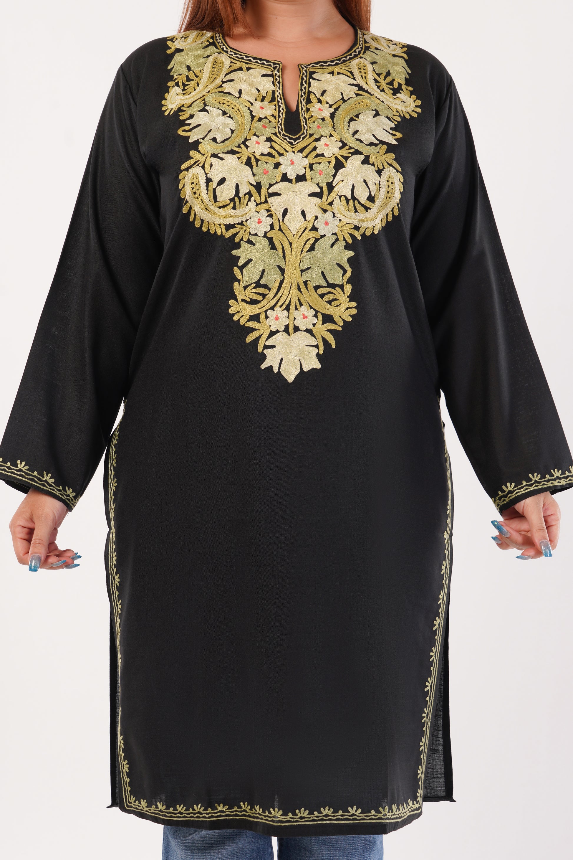 Kashmiri Aari embroidery Cotton Long Kurti Size-44(Black)