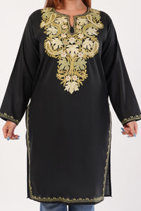 Kashmiri Aari embroidery Cotton Long Kurti Size-44(Black)