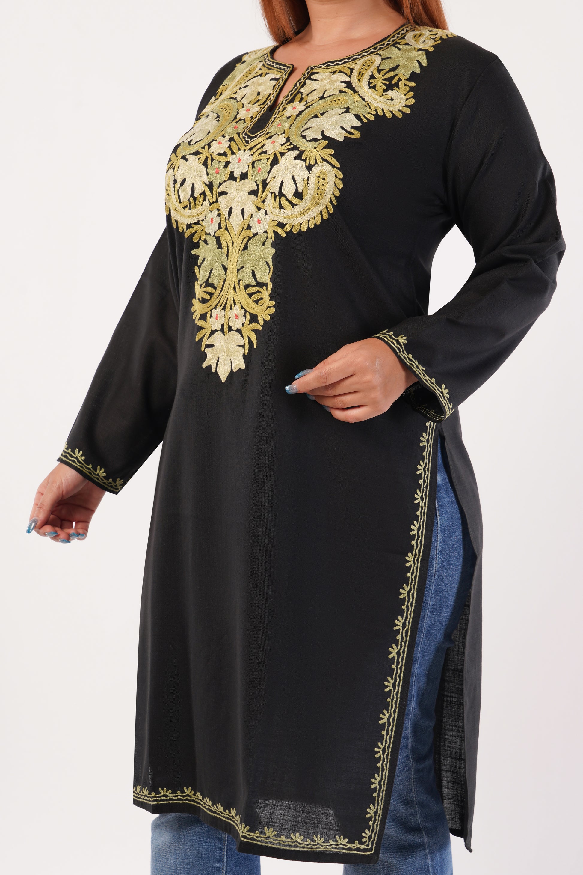 Kashmiri Aari embroidery Cotton Long Kurti Size-44(Black)