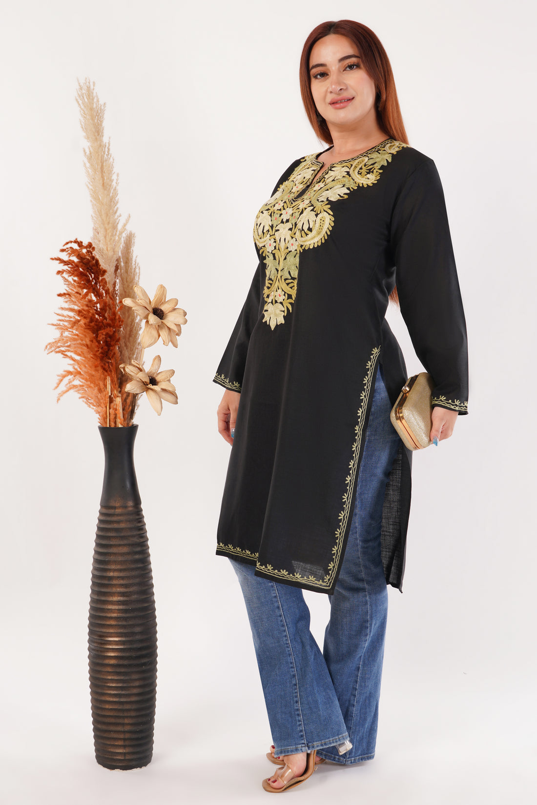 Kashmiri Aari embroidery Cotton Long Kurti Size-44(Black)