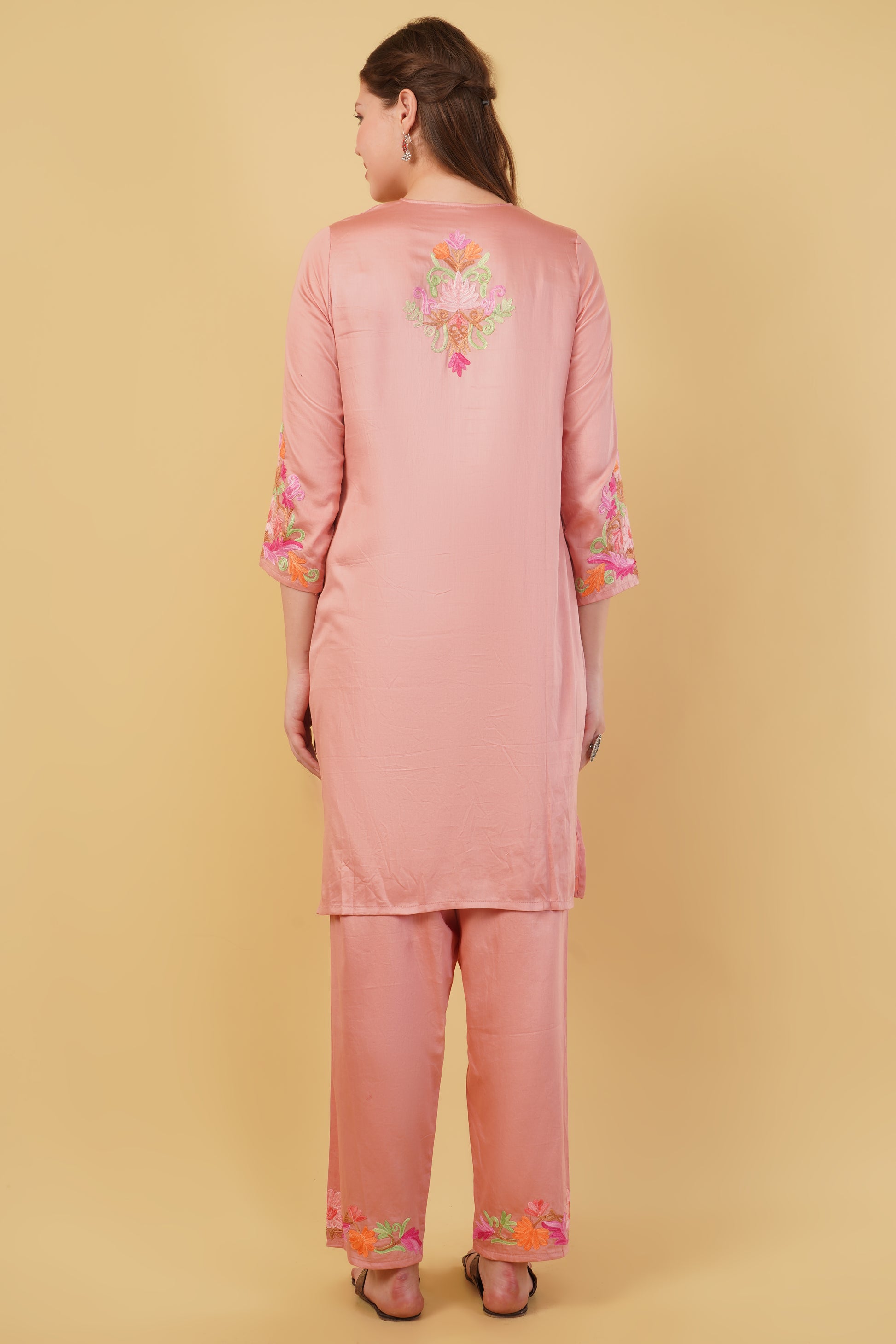 Kashmiri Aari embroidery Jaam Cotton Co-ord set Size-42(Salmon Pink)