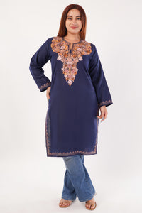 Kashmiri Aari embroidery Cotton Long Kurti Size-44(Navy Blue)