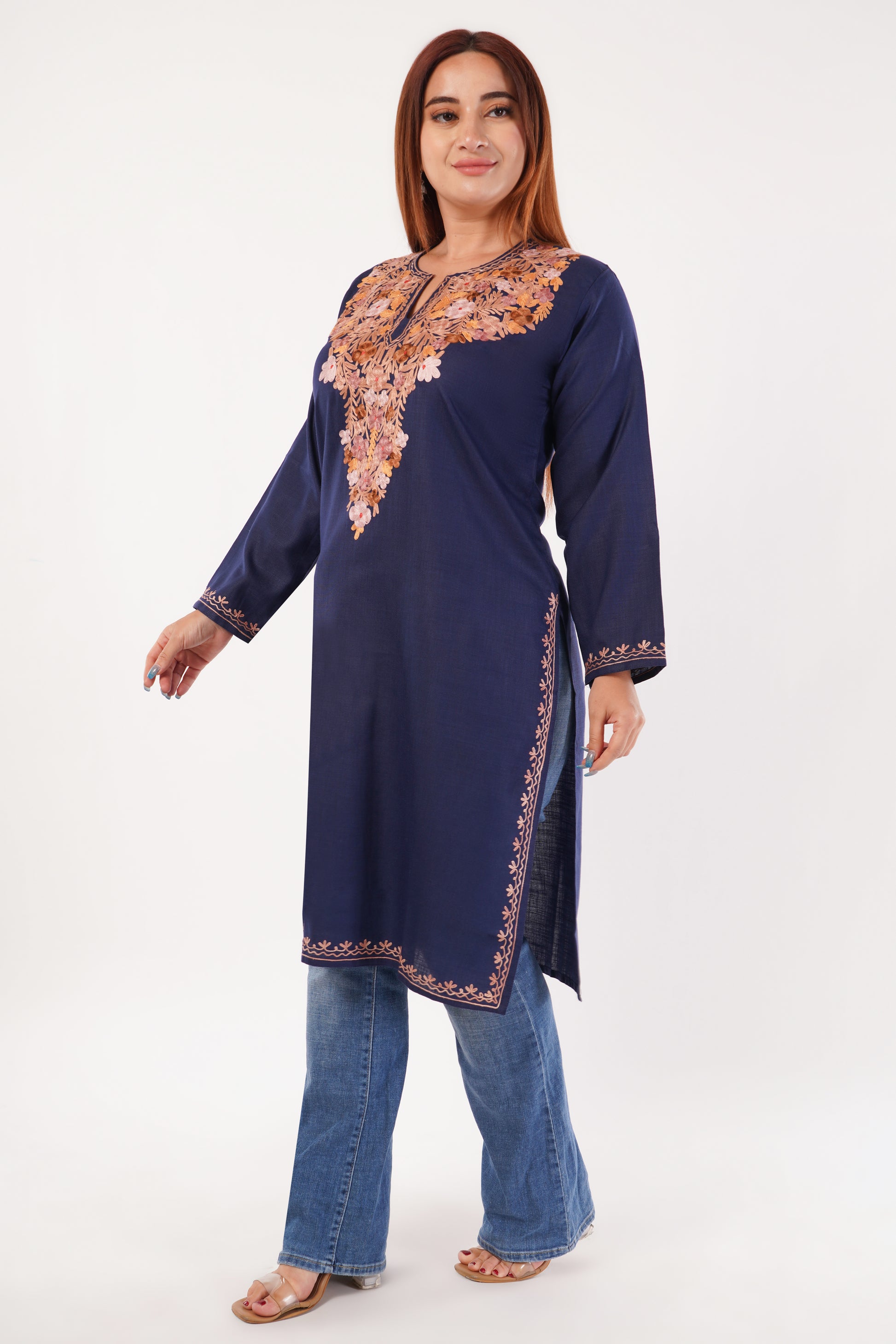 Kashmiri Aari embroidery Cotton Long Kurti Size-44(Navy Blue)