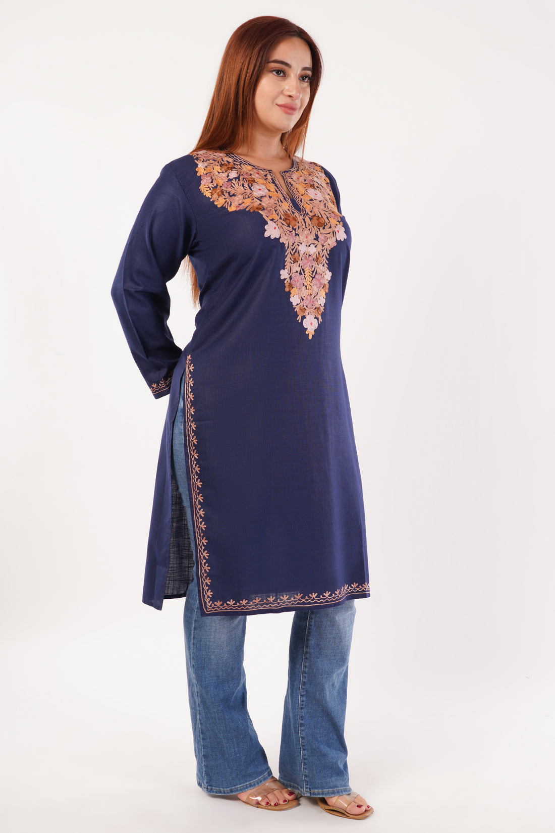 Kashmiri Aari embroidery Cotton Long Kurti Size-44(Navy Blue)