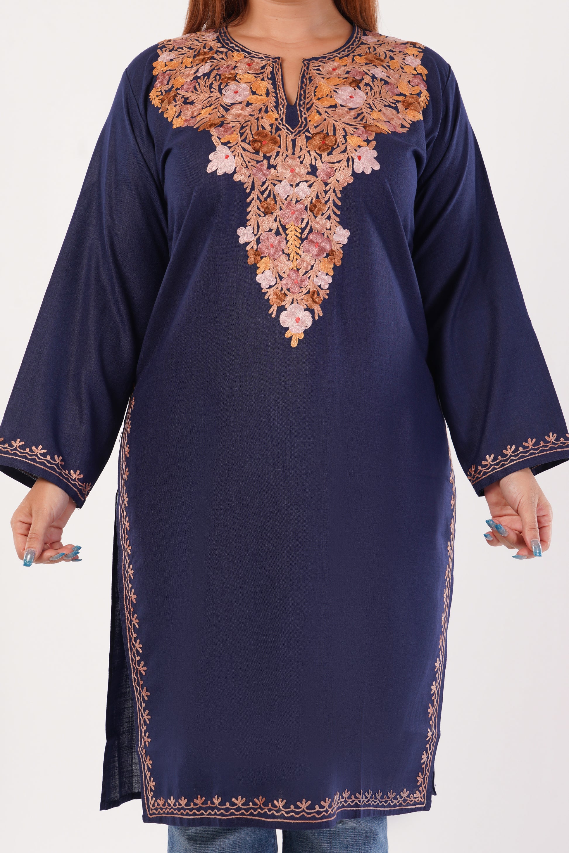 Kashmiri Aari embroidery Cotton Long Kurti Size-44(Navy Blue)