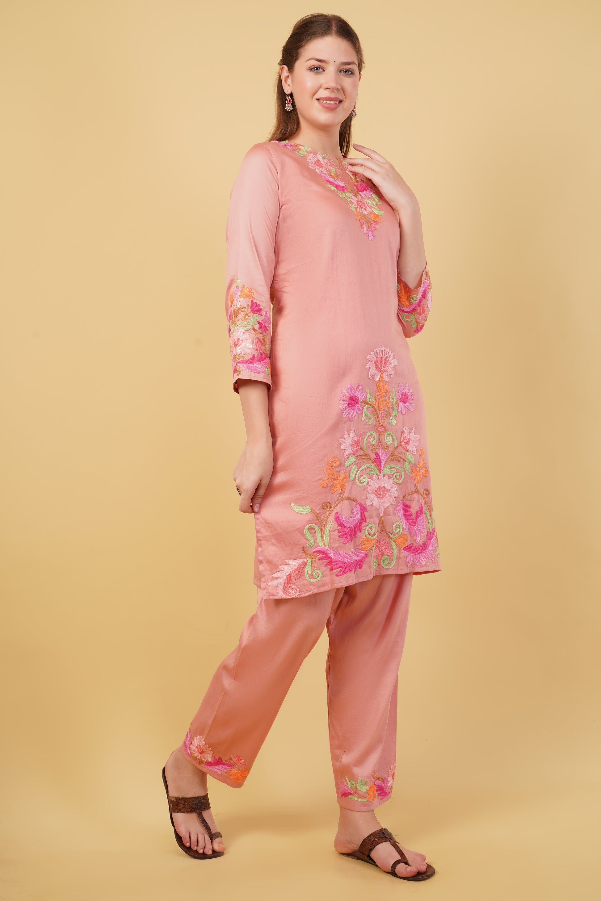 Kashmiri Aari embroidery Jaam Cotton Co-ord set Size-42(Salmon Pink)