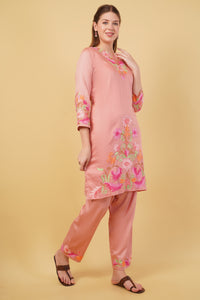 Kashmiri Aari embroidery Jaam Cotton Co-ord set Size-42(Salmon Pink)