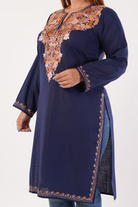 Kashmiri Aari embroidery Cotton Long Kurti Size-44(Navy Blue)