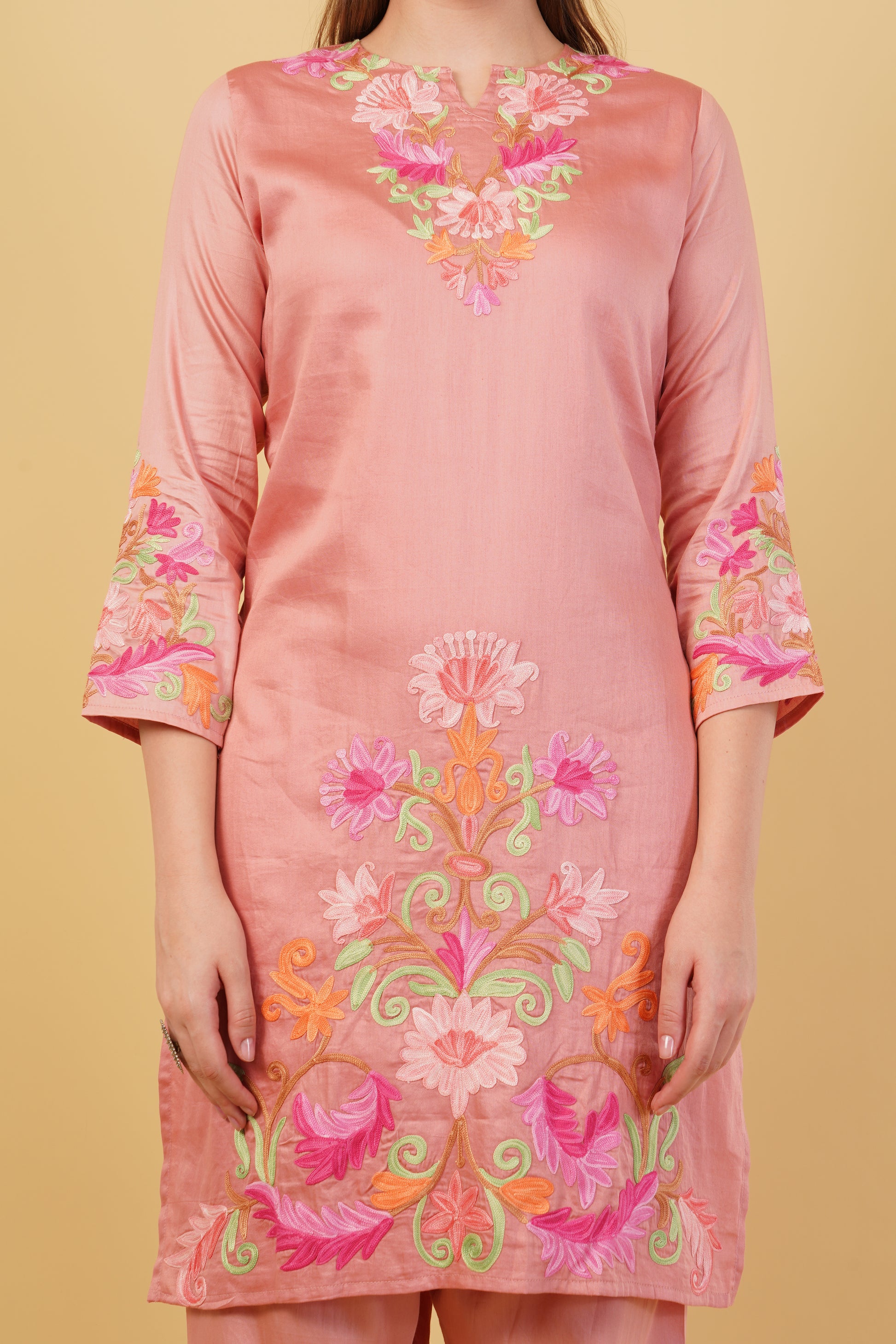Kashmiri Aari embroidery Jaam Cotton Co-ord set Size-42(Salmon Pink)