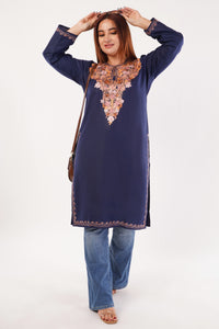 Kashmiri Aari embroidery Cotton Long Kurti Size-44(Navy Blue)