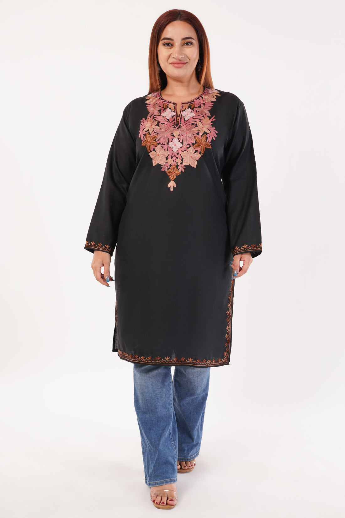 Kashmiri Aari embroidery Cotton Long Kurti Size-44(Black)