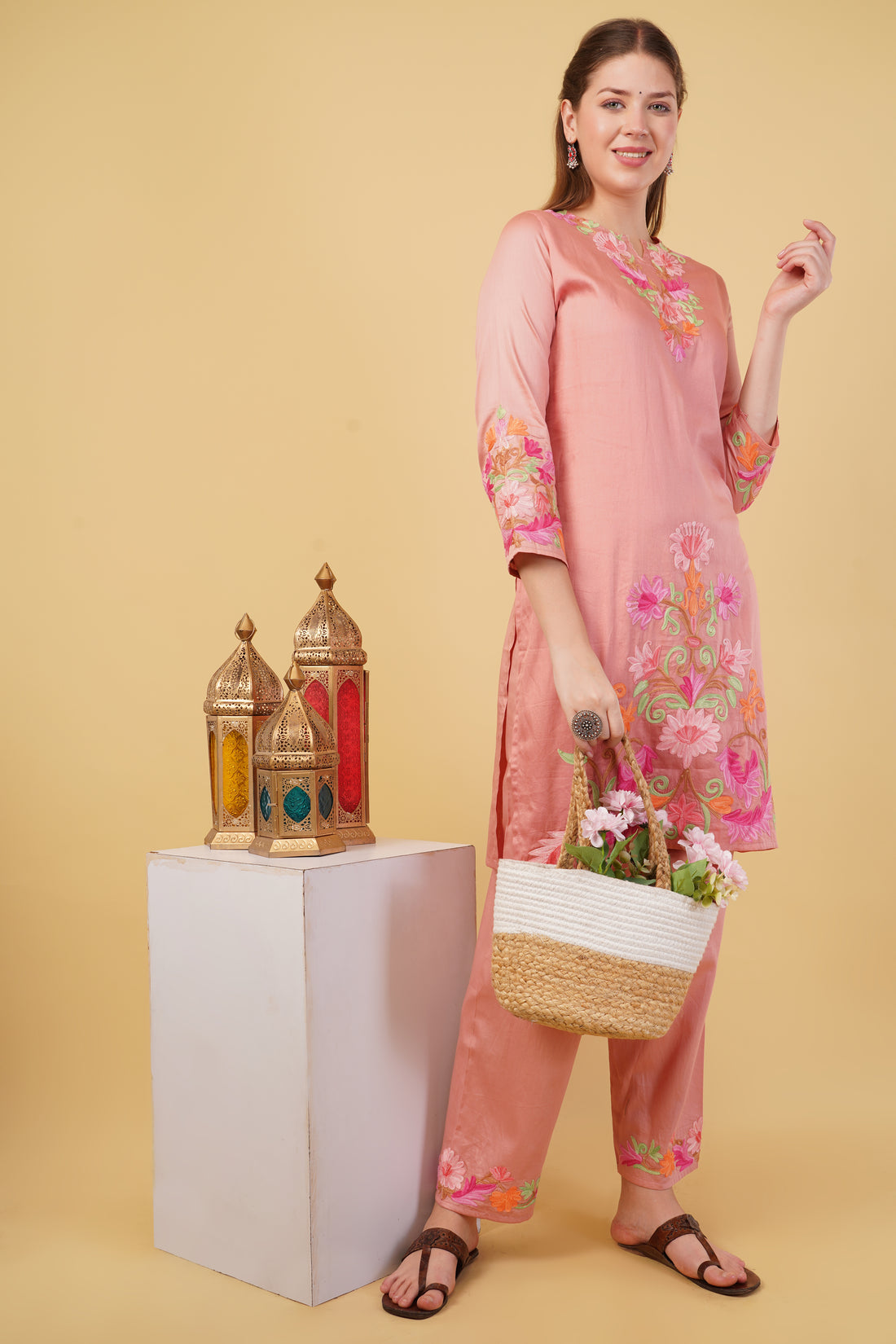 Kashmiri Aari embroidery Jaam Cotton Co-ord set Size-42(Salmon Pink)