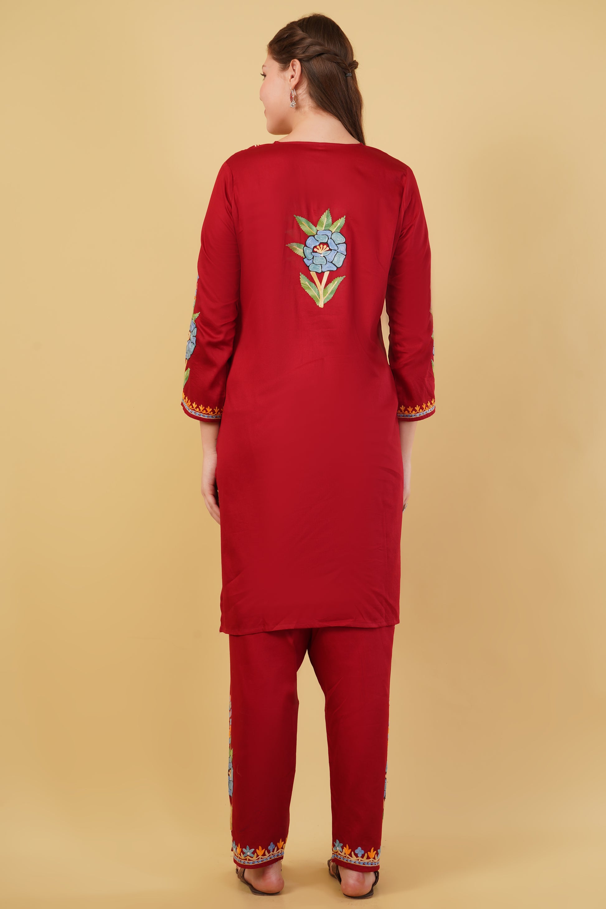 Kashmiri Aari embroidery Jaam Cotton Co-ord set Size-42(Red)