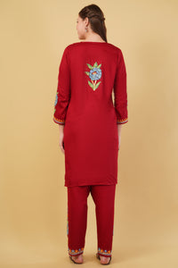 Kashmiri Aari embroidery Jaam Cotton Co-ord set Size-42(Red)