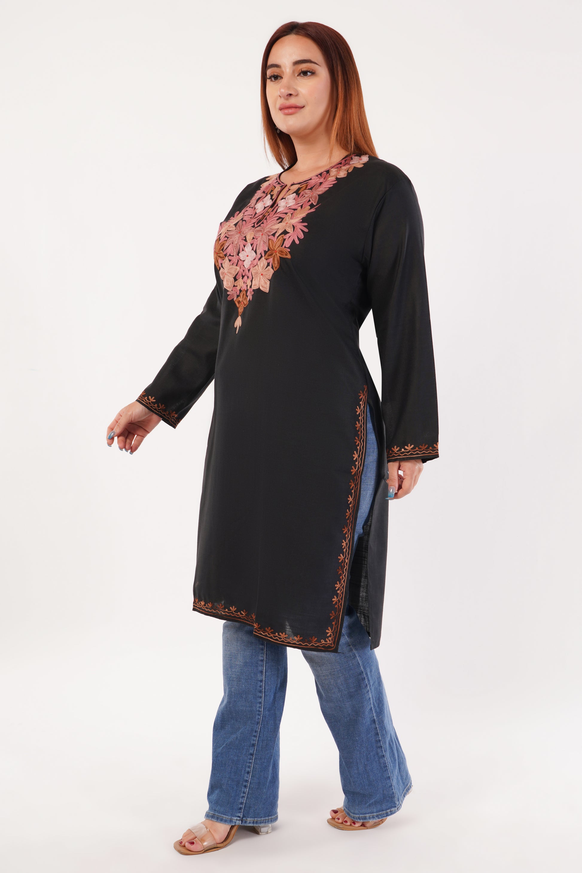 Kashmiri Aari embroidery Cotton Long Kurti Size-44(Black)