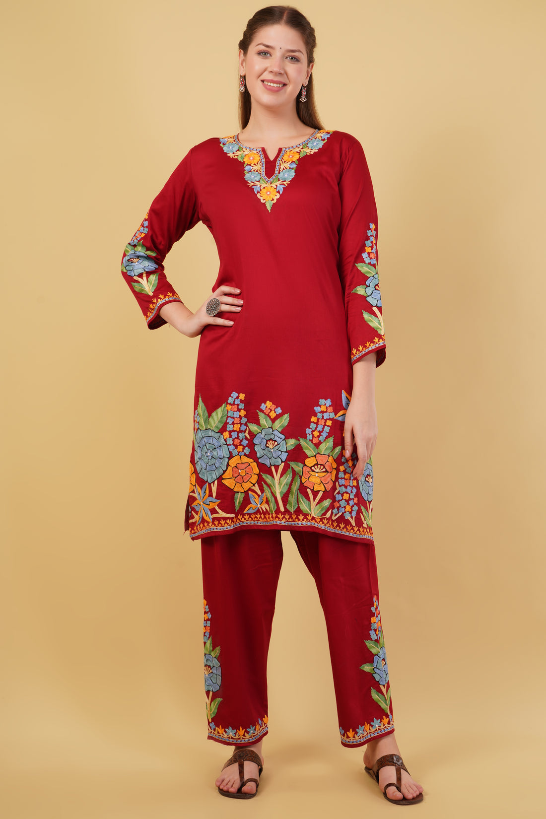 Kashmiri Aari embroidery Jaam Cotton Co-ord set Size-42(Red)