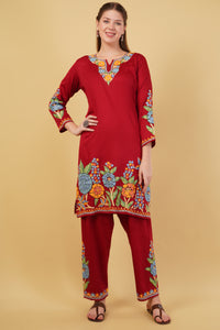 Kashmiri Aari embroidery Jaam Cotton Co-ord set Size-42(Red)
