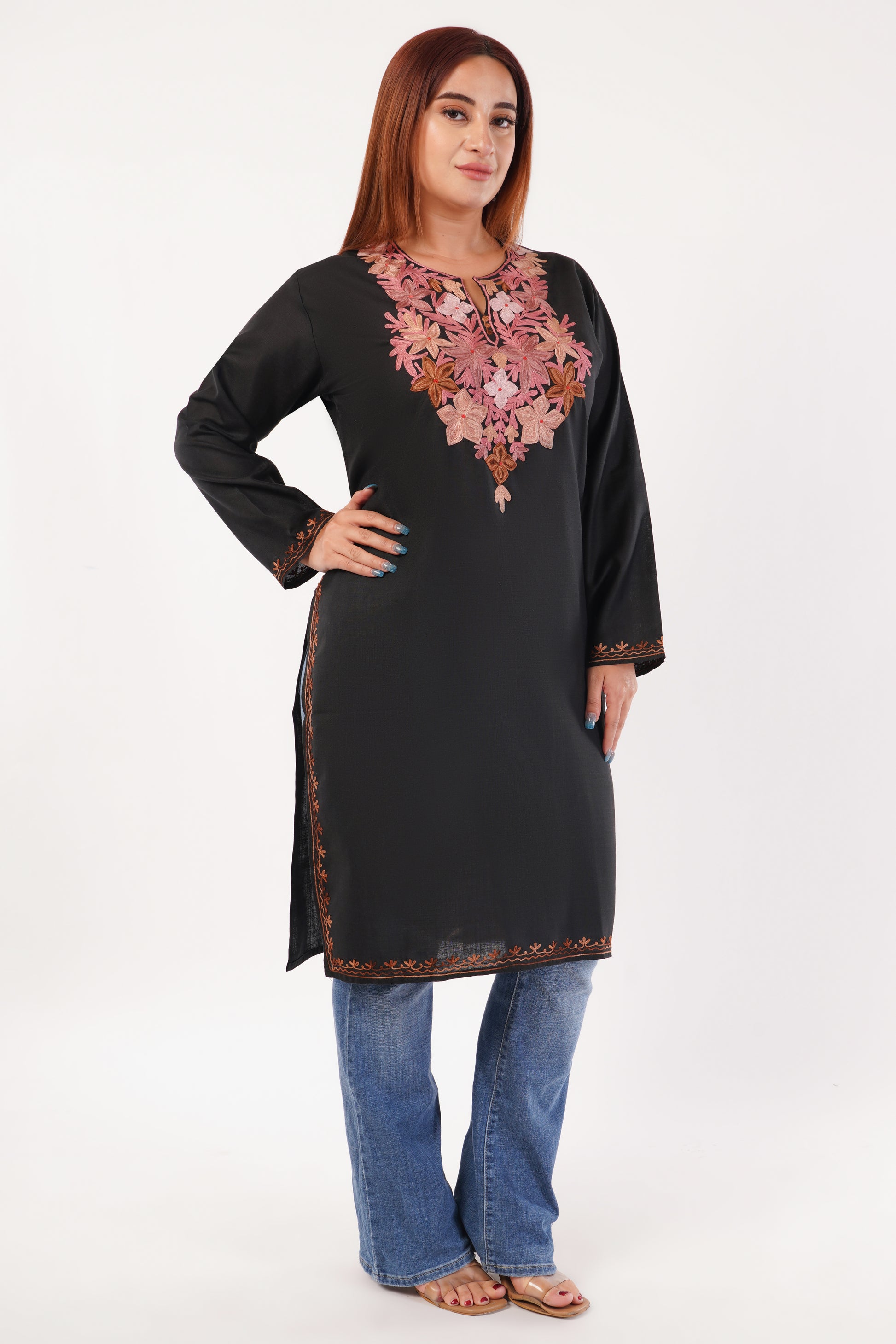 Kashmiri Aari embroidery Cotton Long Kurti Size-44(Black)