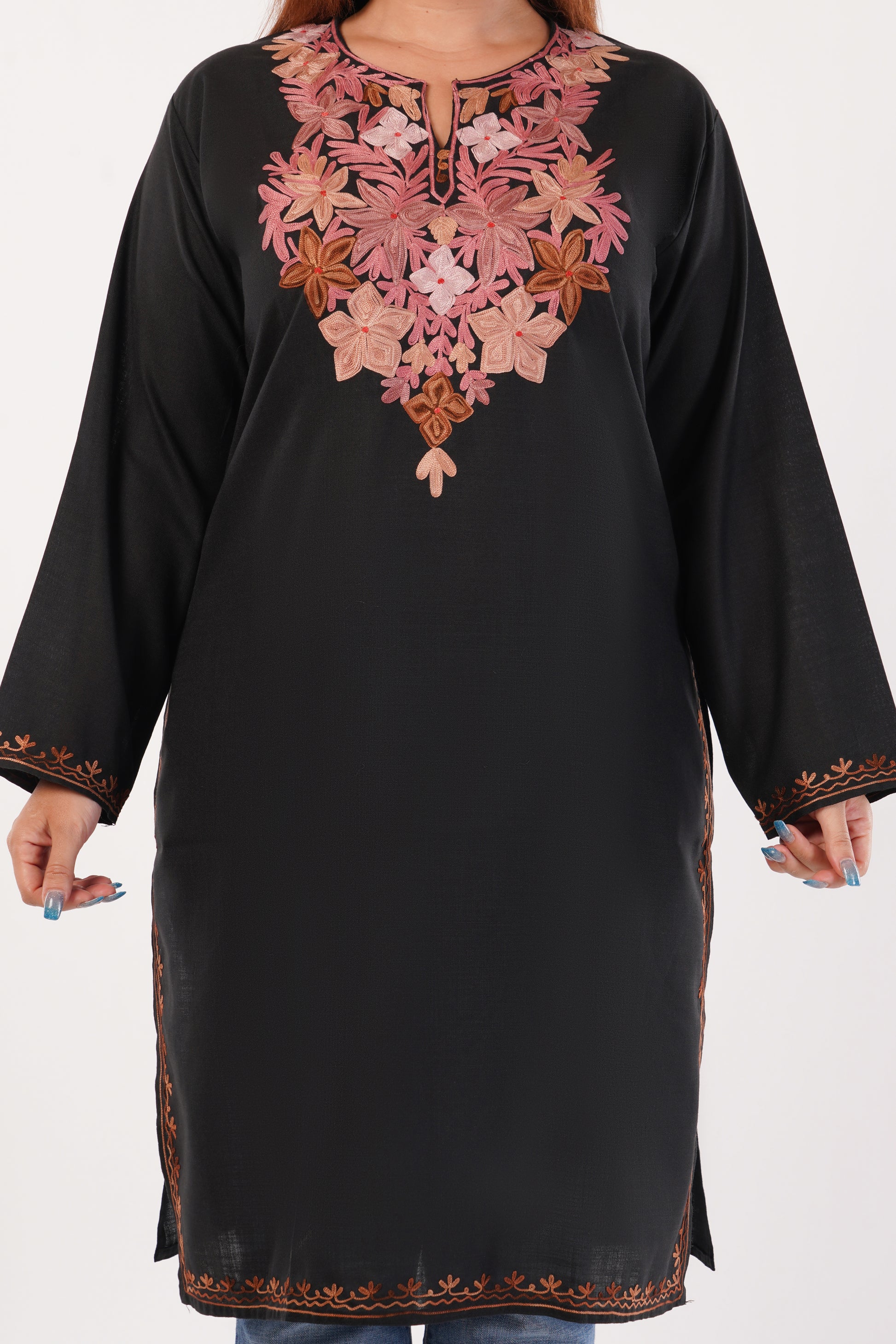 Kashmiri Aari embroidery Cotton Long Kurti Size-44(Black)
