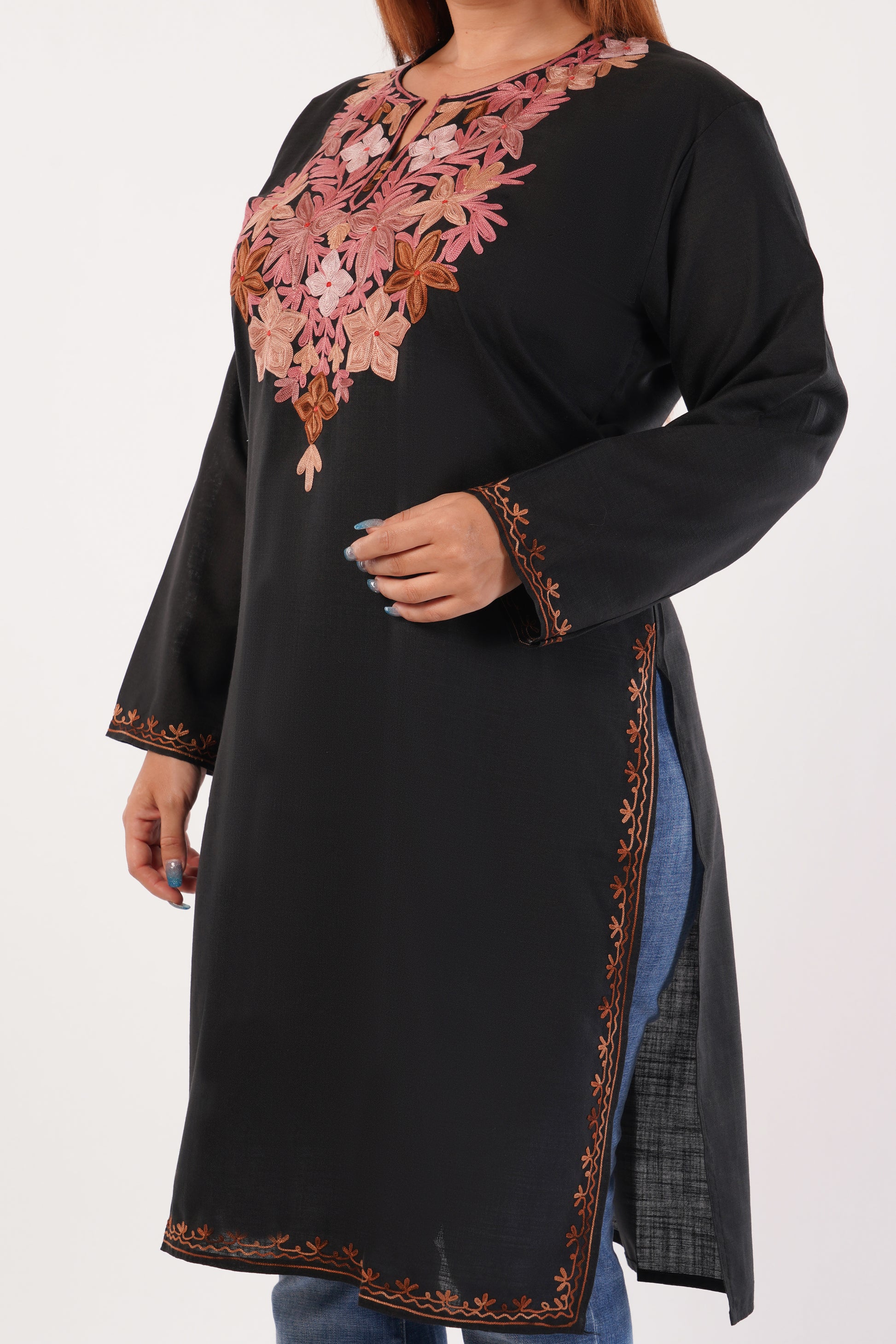Kashmiri Aari embroidery Cotton Long Kurti Size-44(Black)