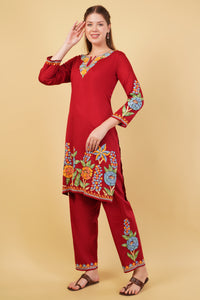 Kashmiri Aari embroidery Jaam Cotton Co-ord set Size-42(Red)