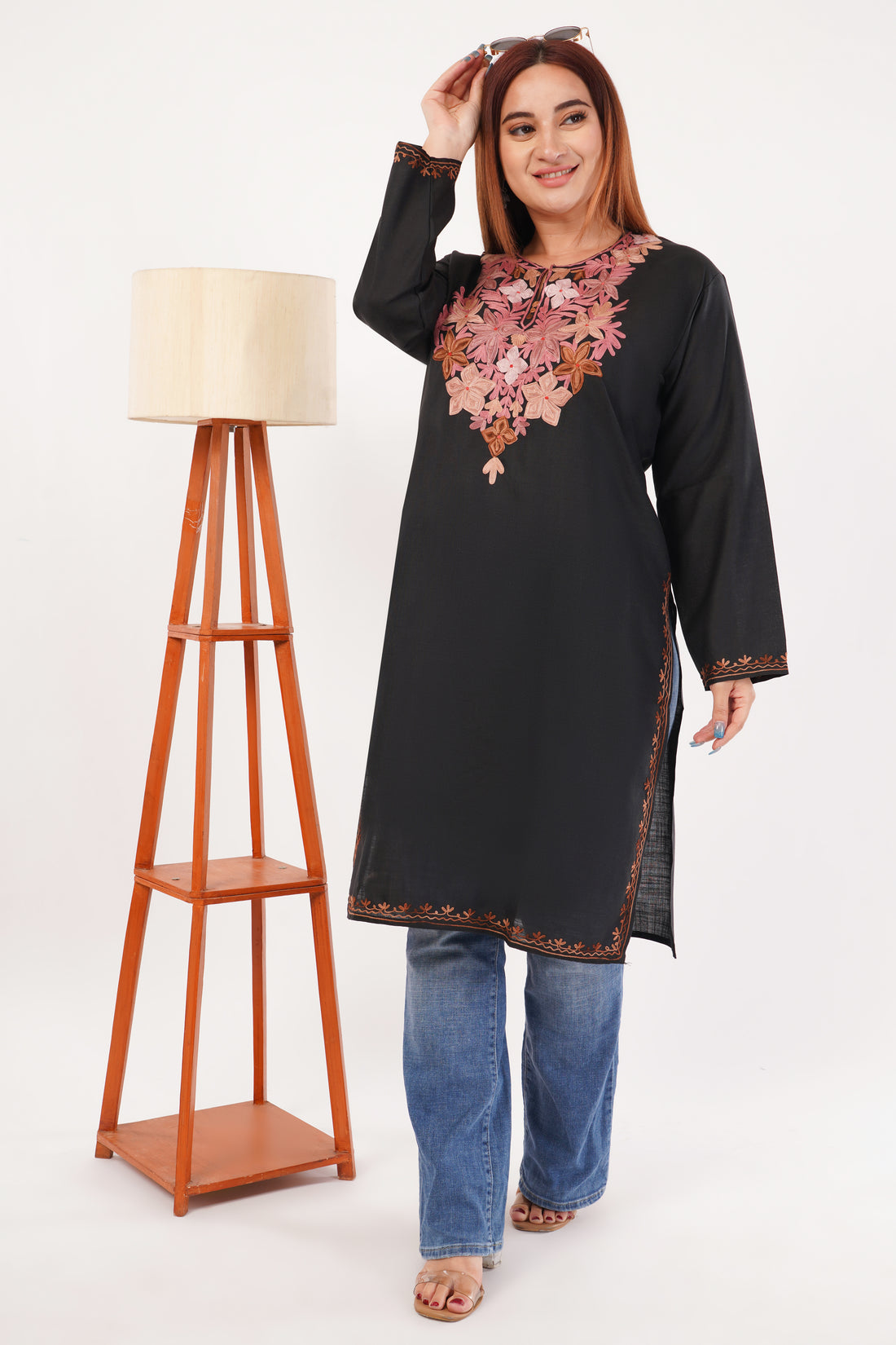 Kashmiri Aari embroidery Cotton Long Kurti Size-44(Black)