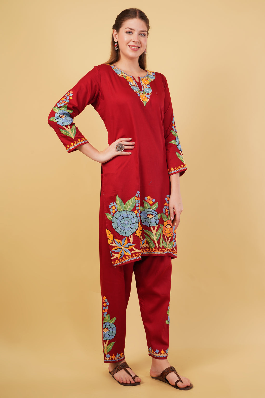 Kashmiri Aari embroidery Jaam Cotton Co-ord set Size-42(Red)