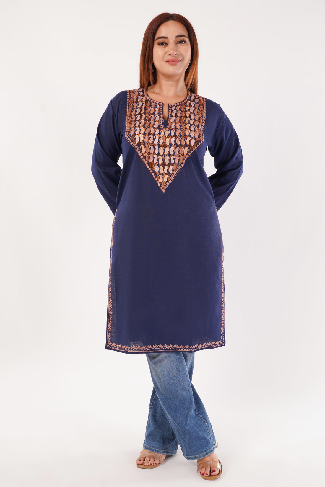 Kashmiri Aari embroidery Cotton Long Kurti Size-44(Navy Blue)