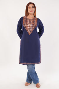 Kashmiri Aari embroidery Cotton Long Kurti Size-44(Navy Blue)