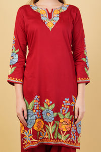 Kashmiri Aari embroidery Jaam Cotton Co-ord set Size-42(Red)
