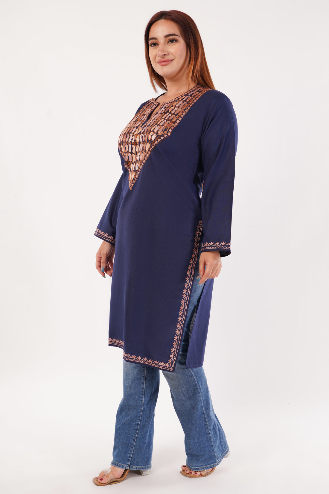 Kashmiri Aari embroidery Cotton Long Kurti Size-44(Navy Blue)