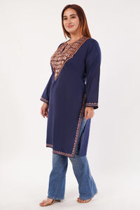 Kashmiri Aari embroidery Cotton Long Kurti Size-44(Navy Blue)