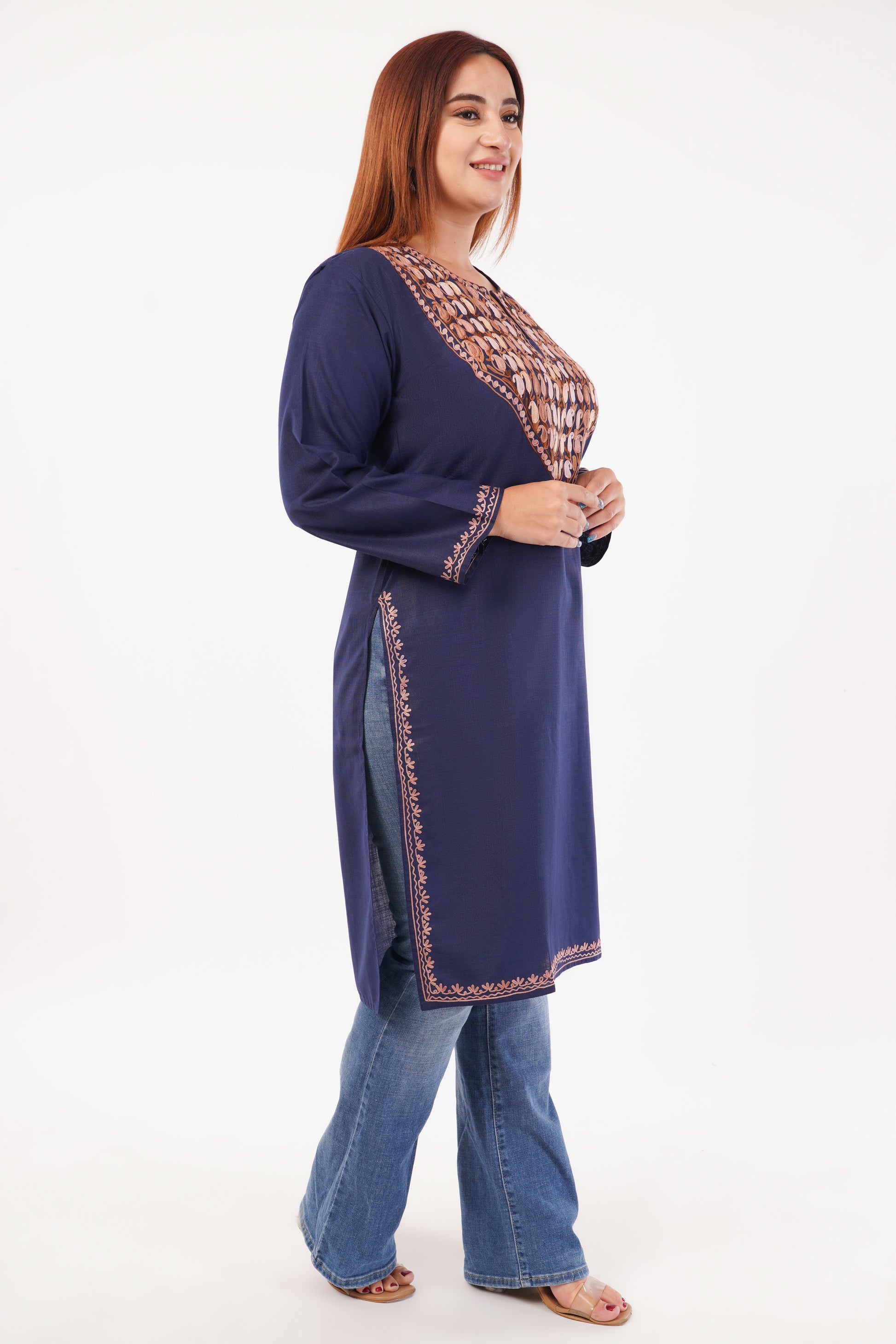 Kashmiri Aari embroidery Cotton Long Kurti Size-44(Navy Blue)