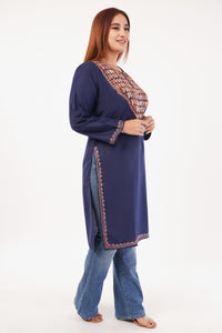 Kashmiri Aari embroidery Cotton Long Kurti Size-44(Navy Blue)