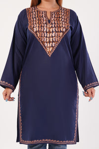 Kashmiri Aari embroidery Cotton Long Kurti Size-44(Navy Blue)