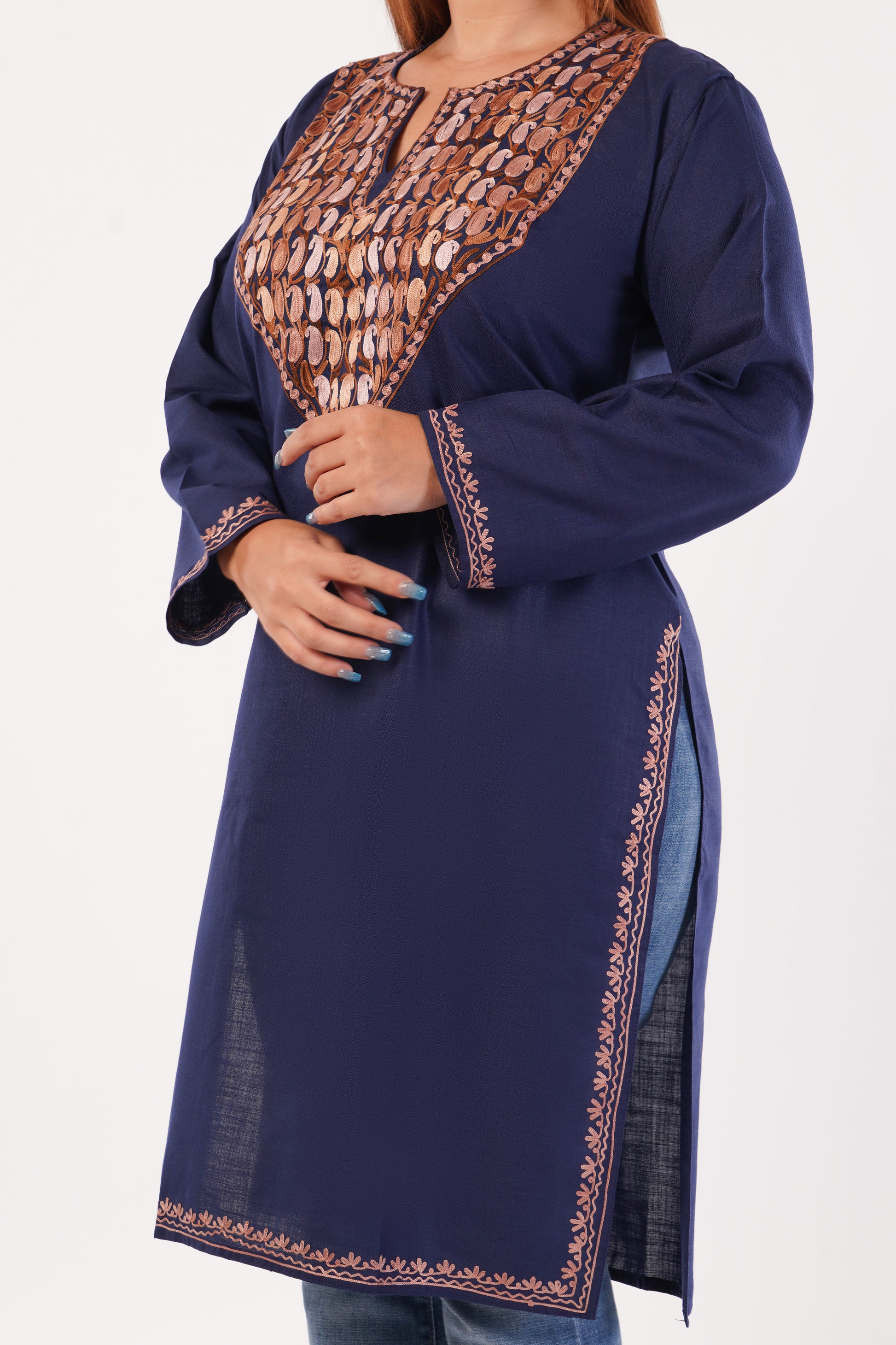Kashmiri Aari embroidery Cotton Long Kurti Size-44(Navy Blue)