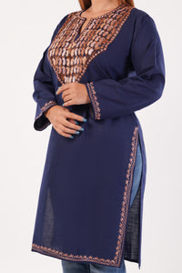 Kashmiri Aari embroidery Cotton Long Kurti Size-44(Navy Blue)