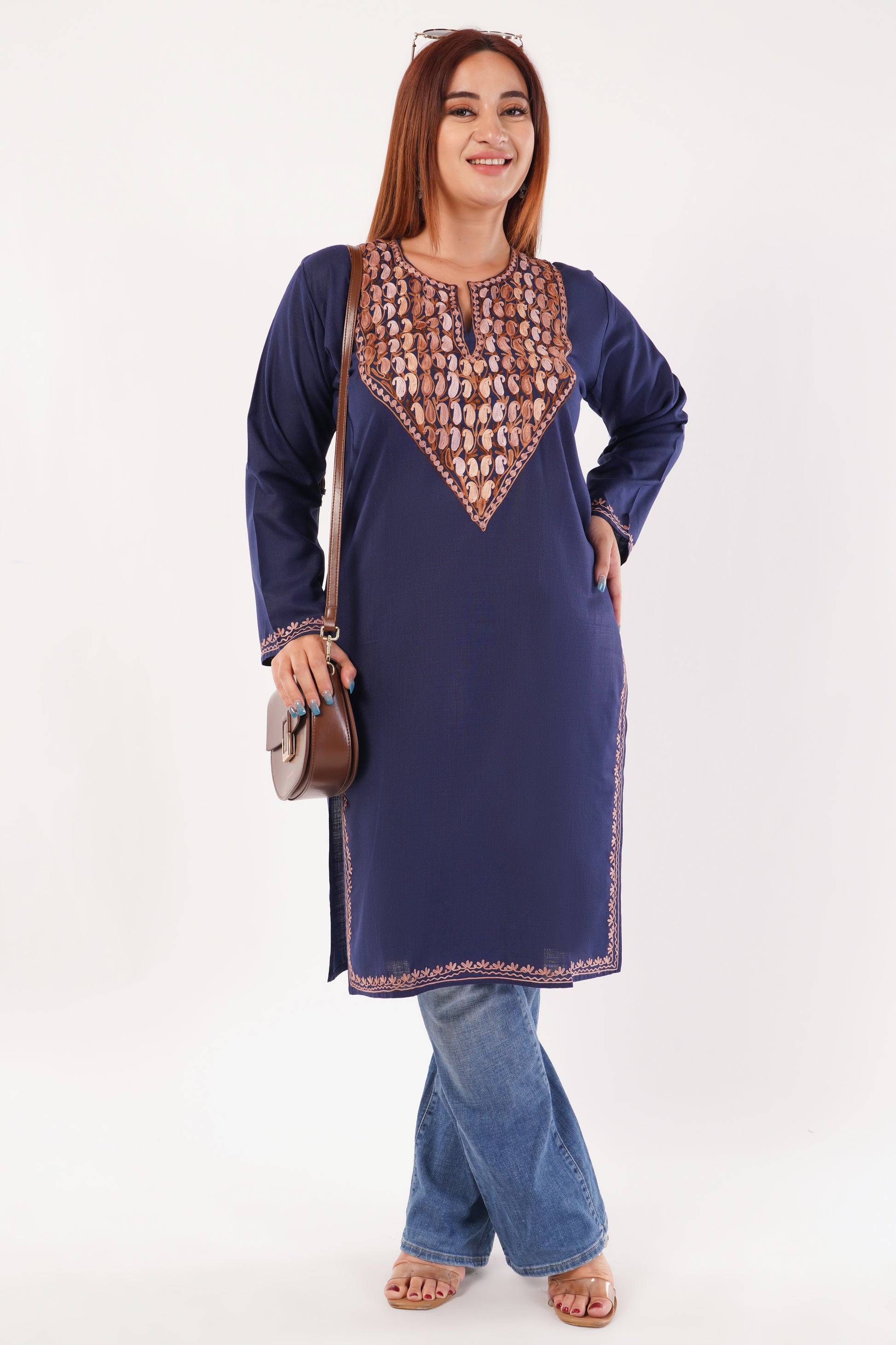 Kashmiri Aari embroidery Cotton Long Kurti Size-44(Navy Blue)